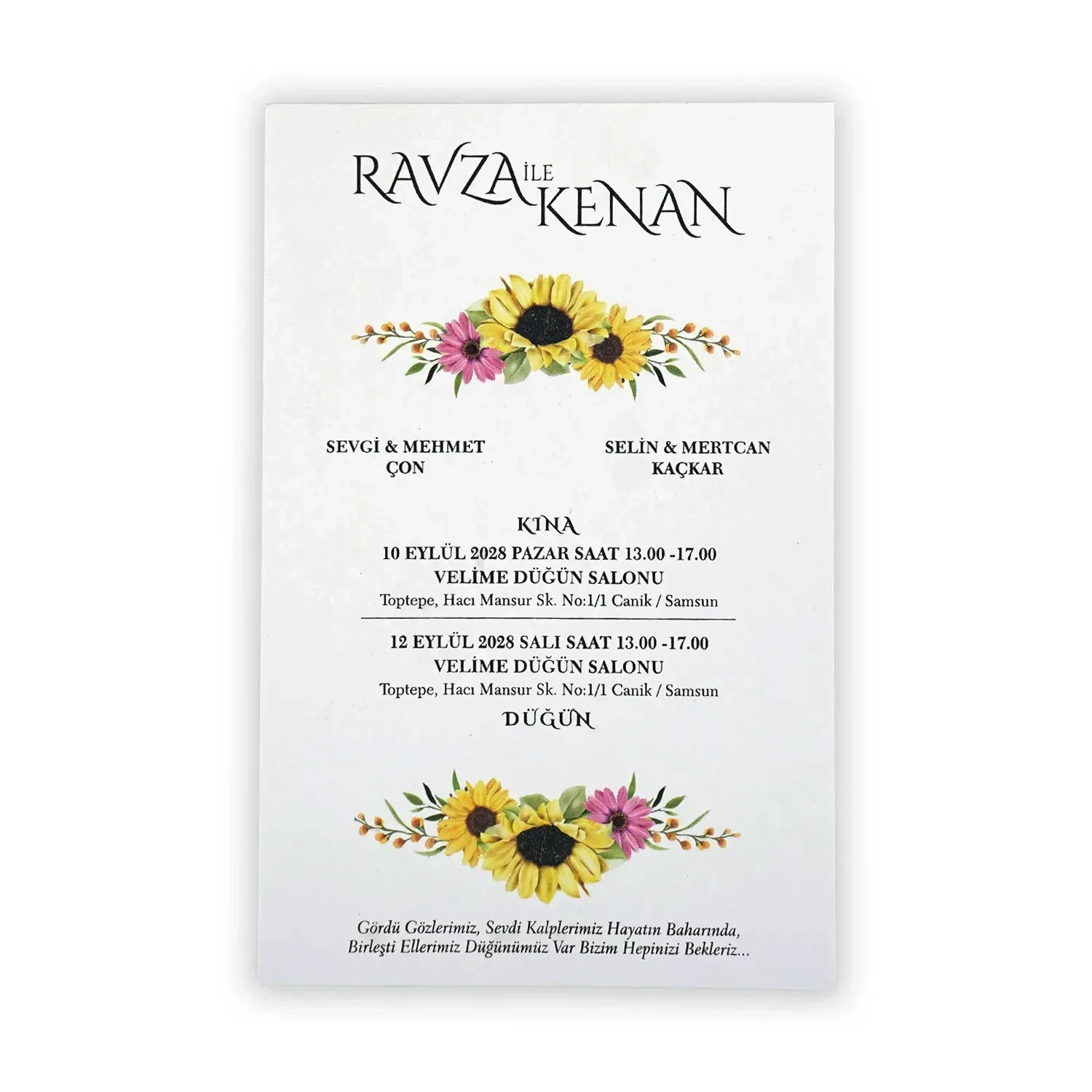 Romantik Ayçiçeği Desenli Davetiye