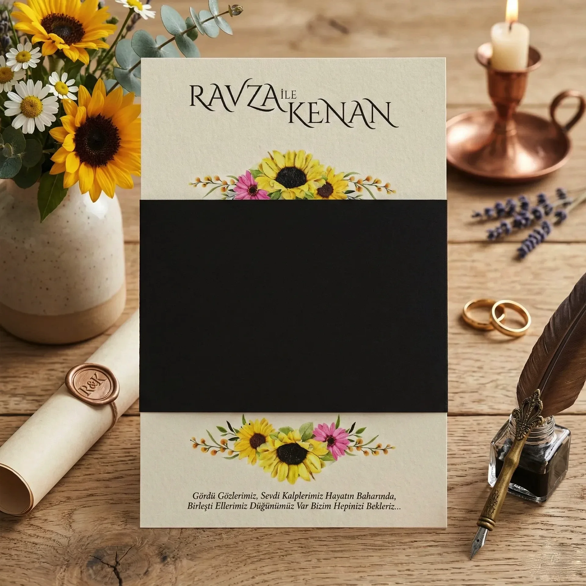 Romantik Ayçiçeği Desenli Davetiye