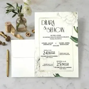 Beyaz Çiçek Desenli Modern Davetiye