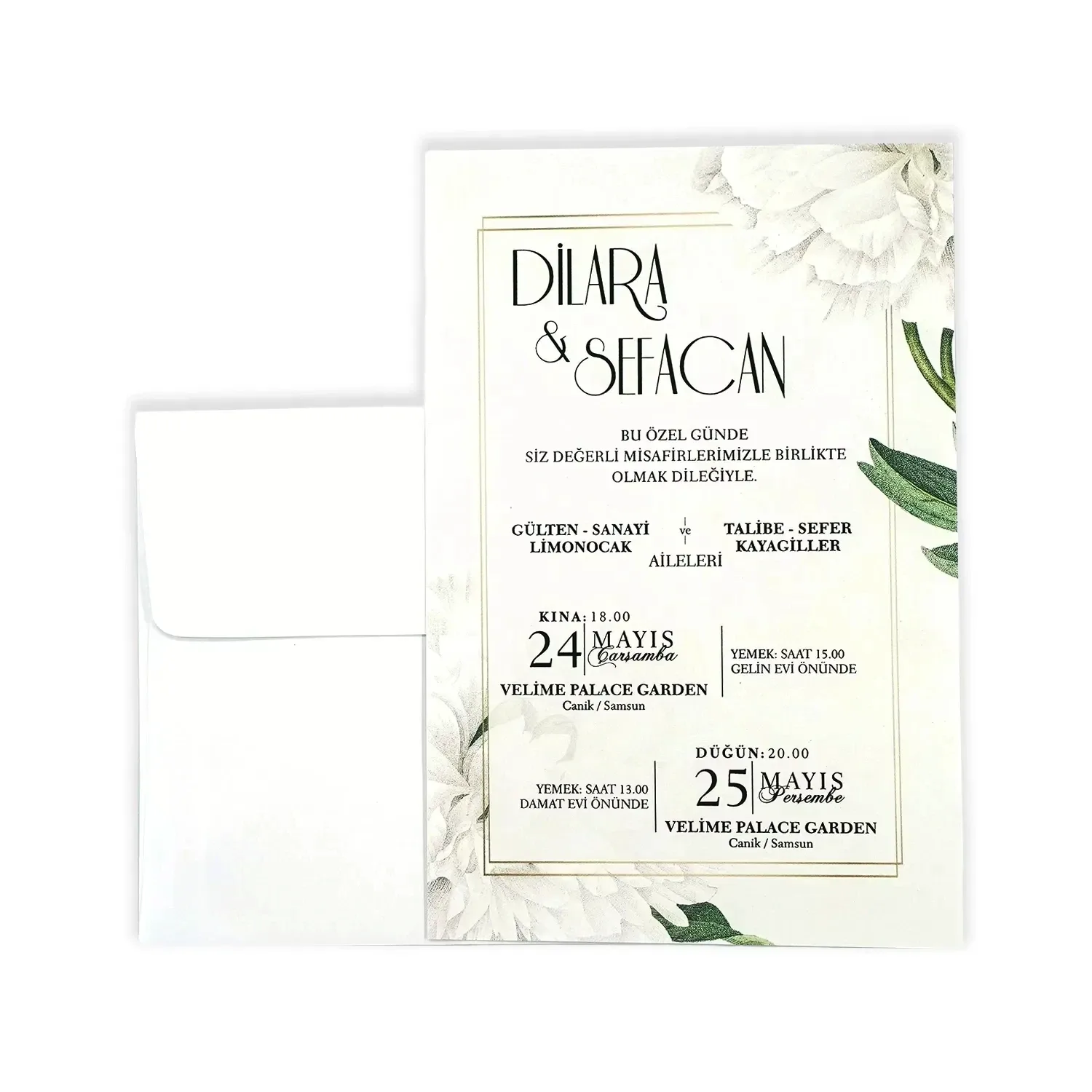 Beyaz Çiçek Desenli Modern Davetiye