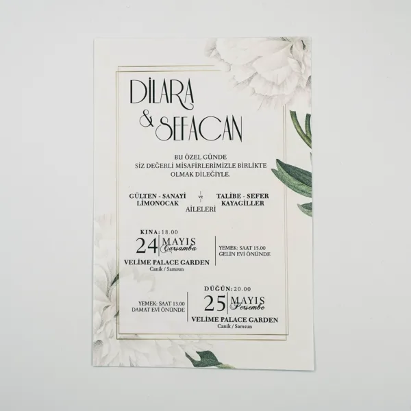 Beyaz Çiçek Desenli Modern Davetiye