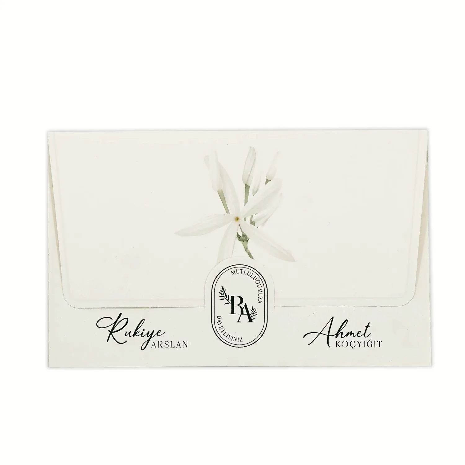 Beyaz Çiçek Süslemeli Yatay Davetiye