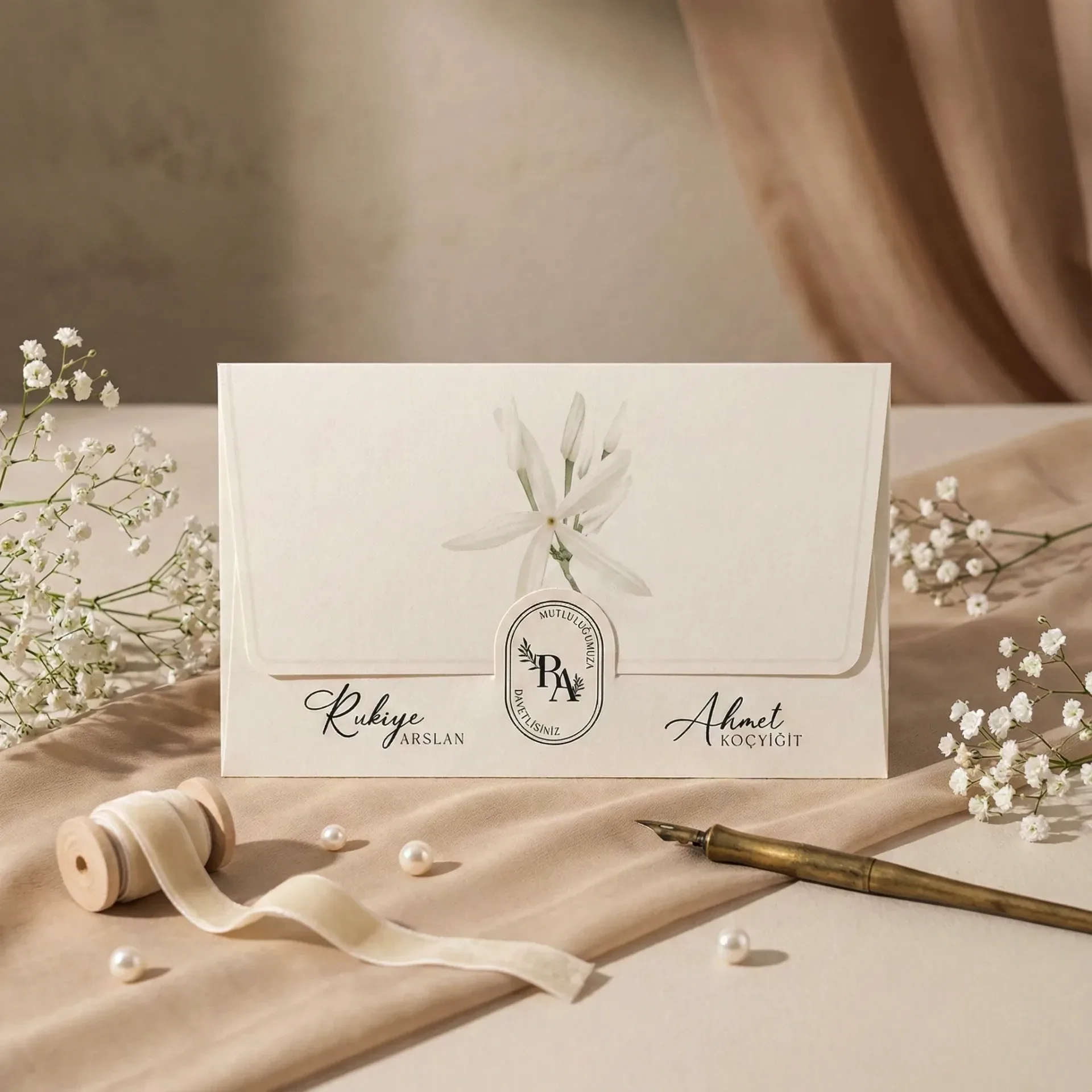 Beyaz Çiçek Süslemeli Yatay Davetiye