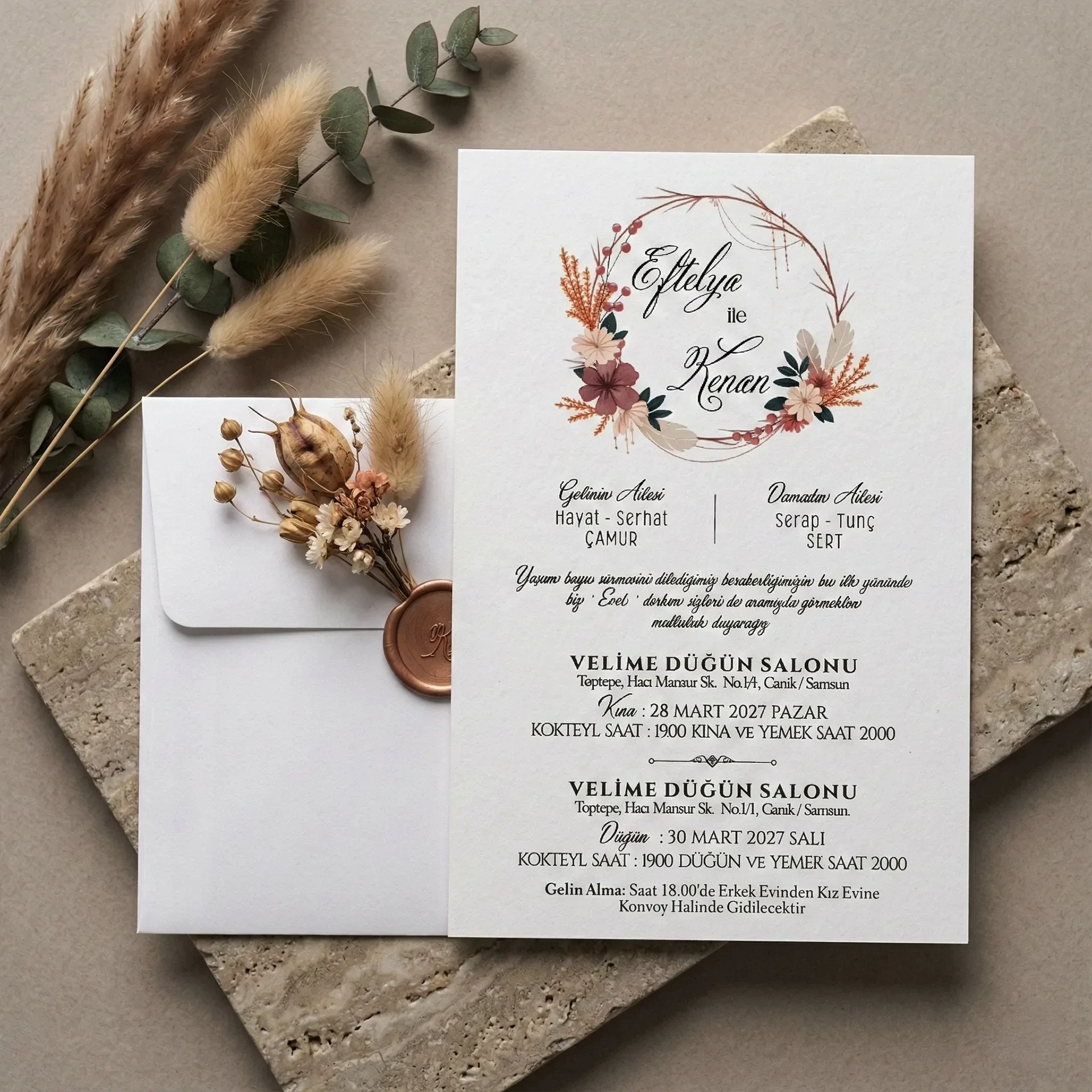 Çiçek Çemberli Ekonomik Düğün Davetiyesi