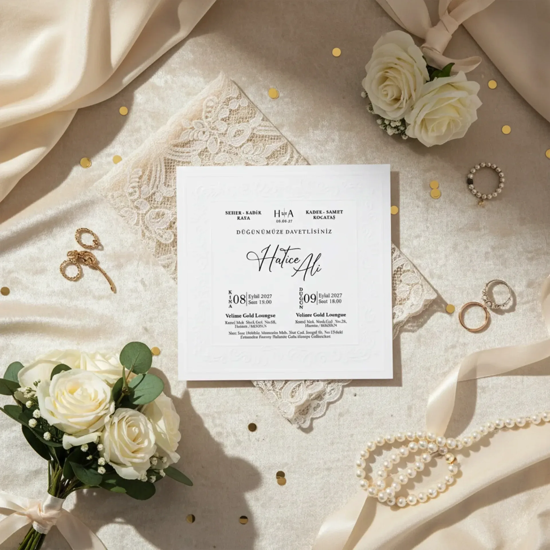 Kabartmalı Beyaz Sade Lüks Davetiye
