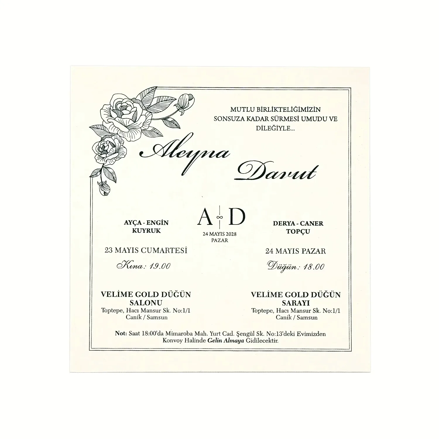 Koyu Zeminli Gül Motifli Davetiye