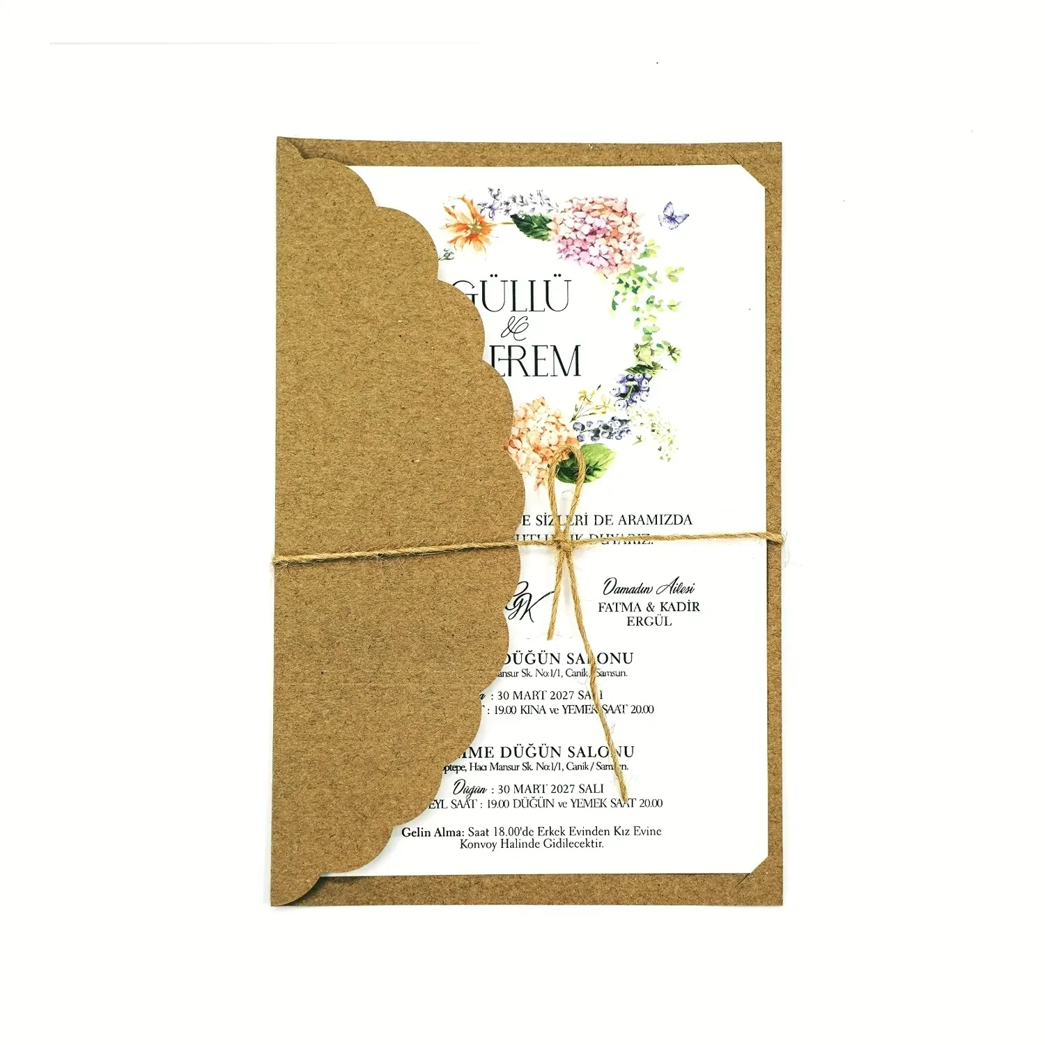Çiçek Desenli İpli Kraft Davetiye