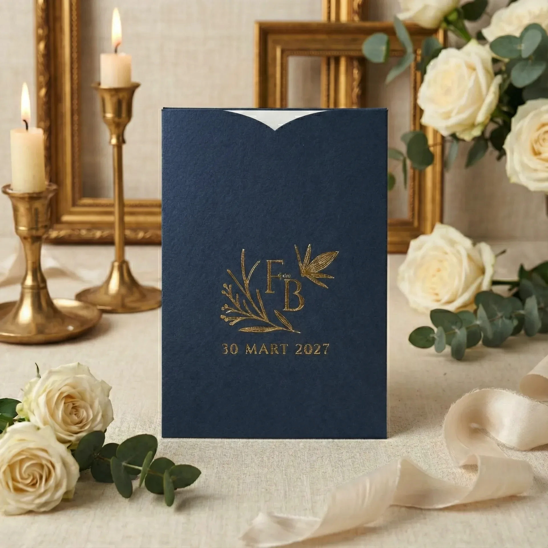 Lacivert Zeminli Altın Yaldızlı Dik Davetiye