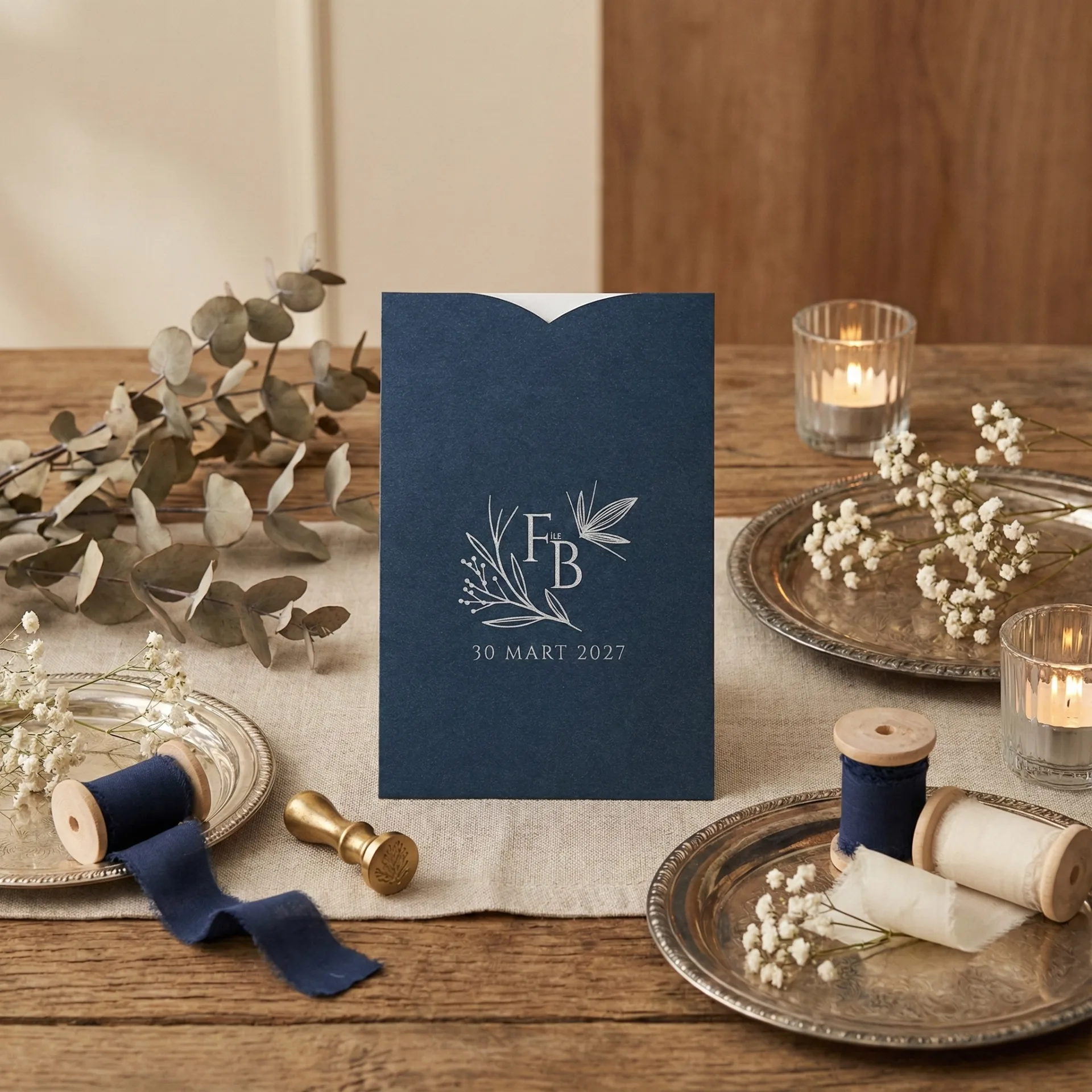 Lacivert Zeminli Gümüş Desenli Dik Davetiye