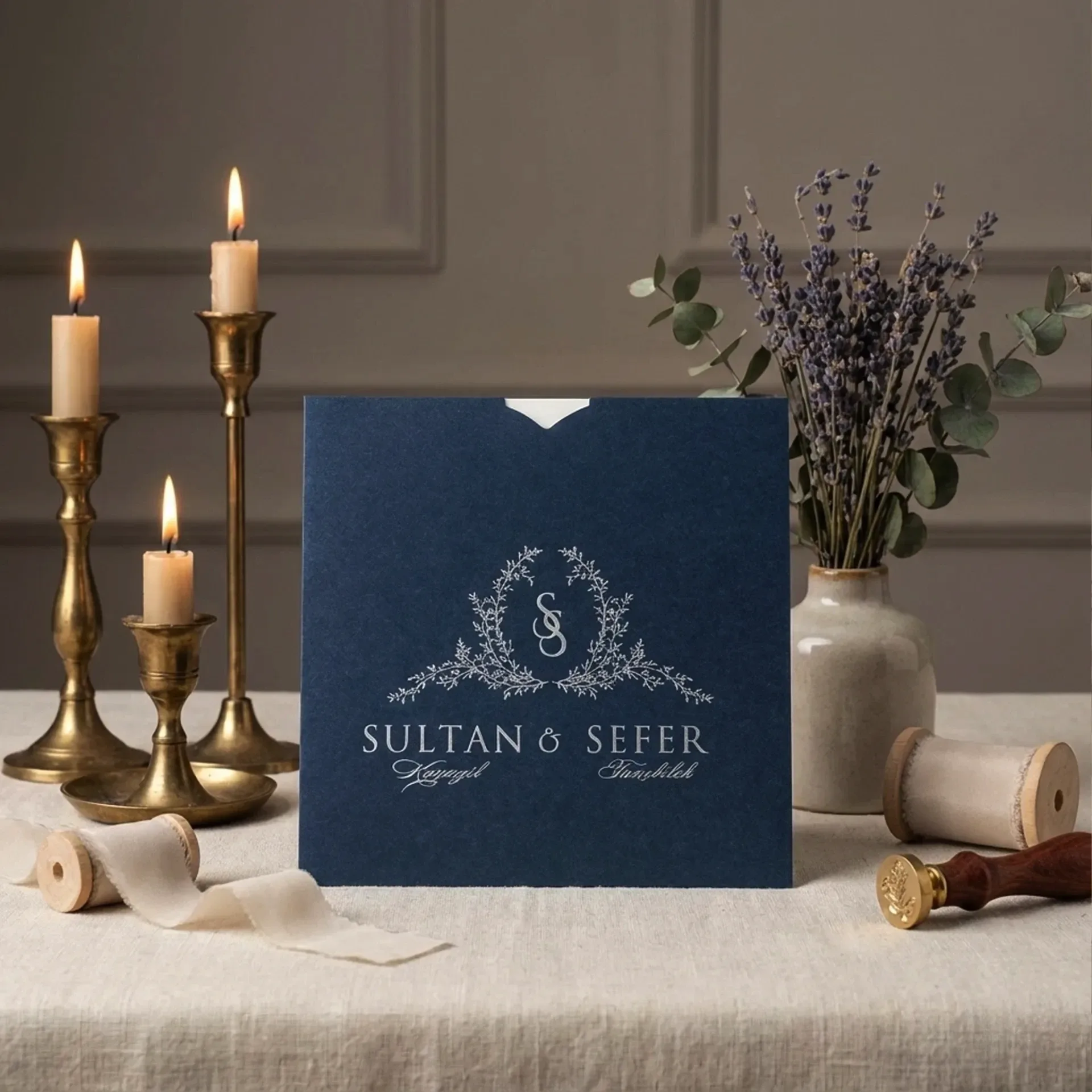 Lacivert Zeminli Gümüş Desenli Kare Davetiye