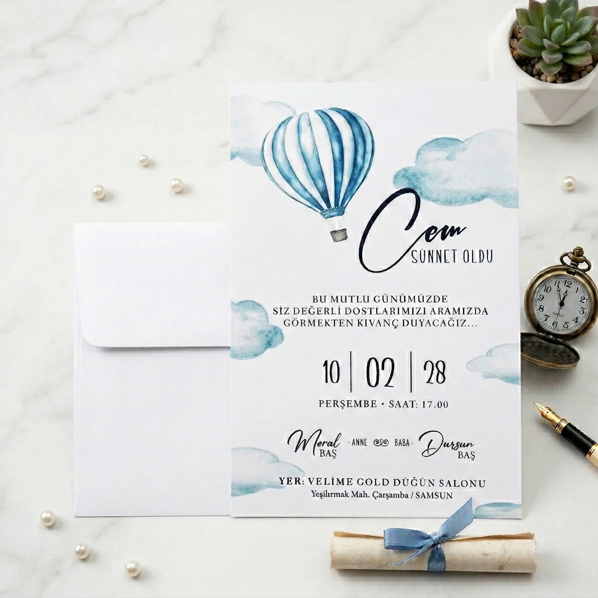 Mavi Balon Detaylı Dik Sünnet Davetiyesi
