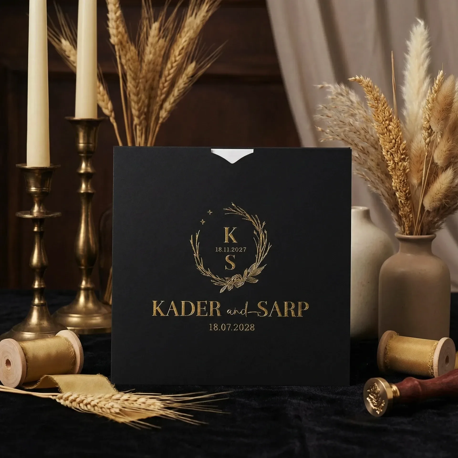 Siyah Zeminli Altın Yaldızlı Kare Davetiye