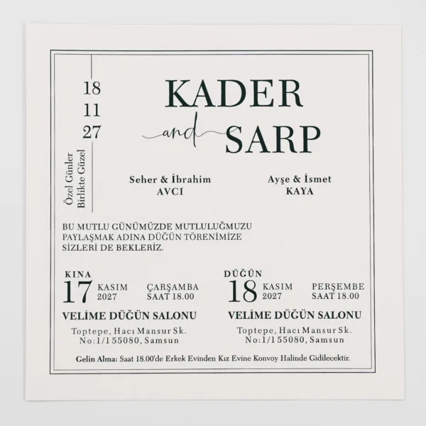Siyah Zeminli Altın Yaldızlı Kare Davetiye