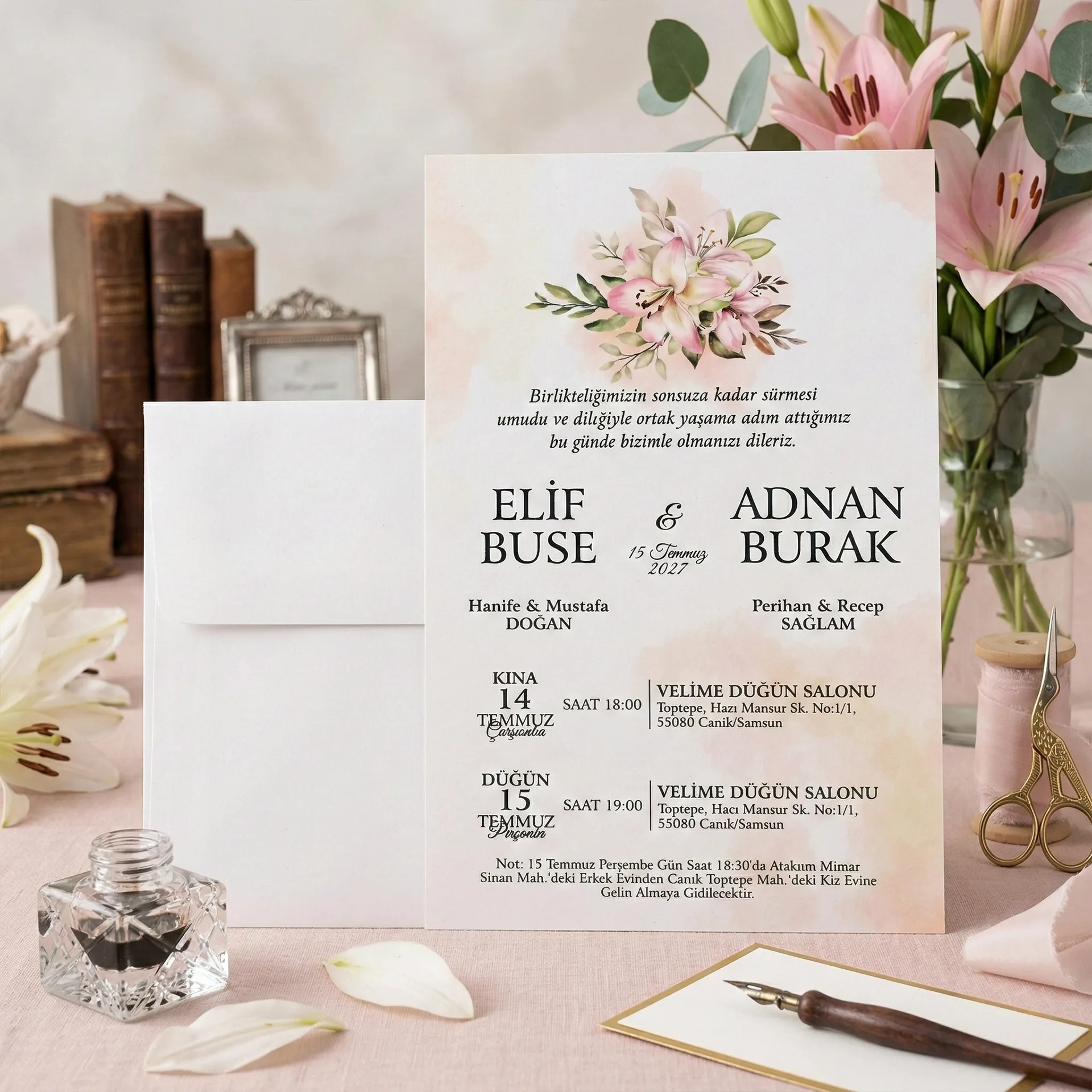 Soft Renkli Çiçekli Davetiye