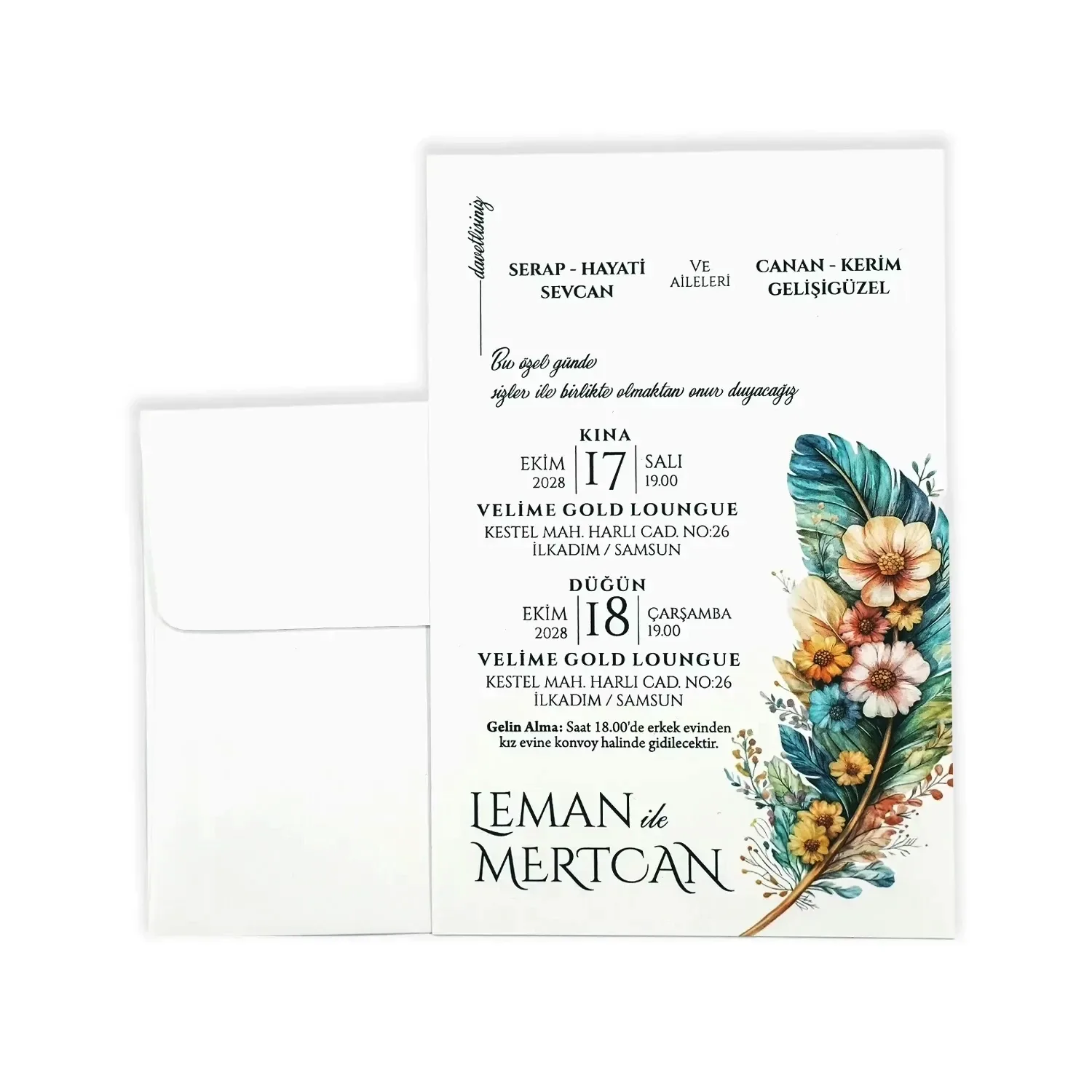 Tropikal Çiçek Desenli Dik Davetiye