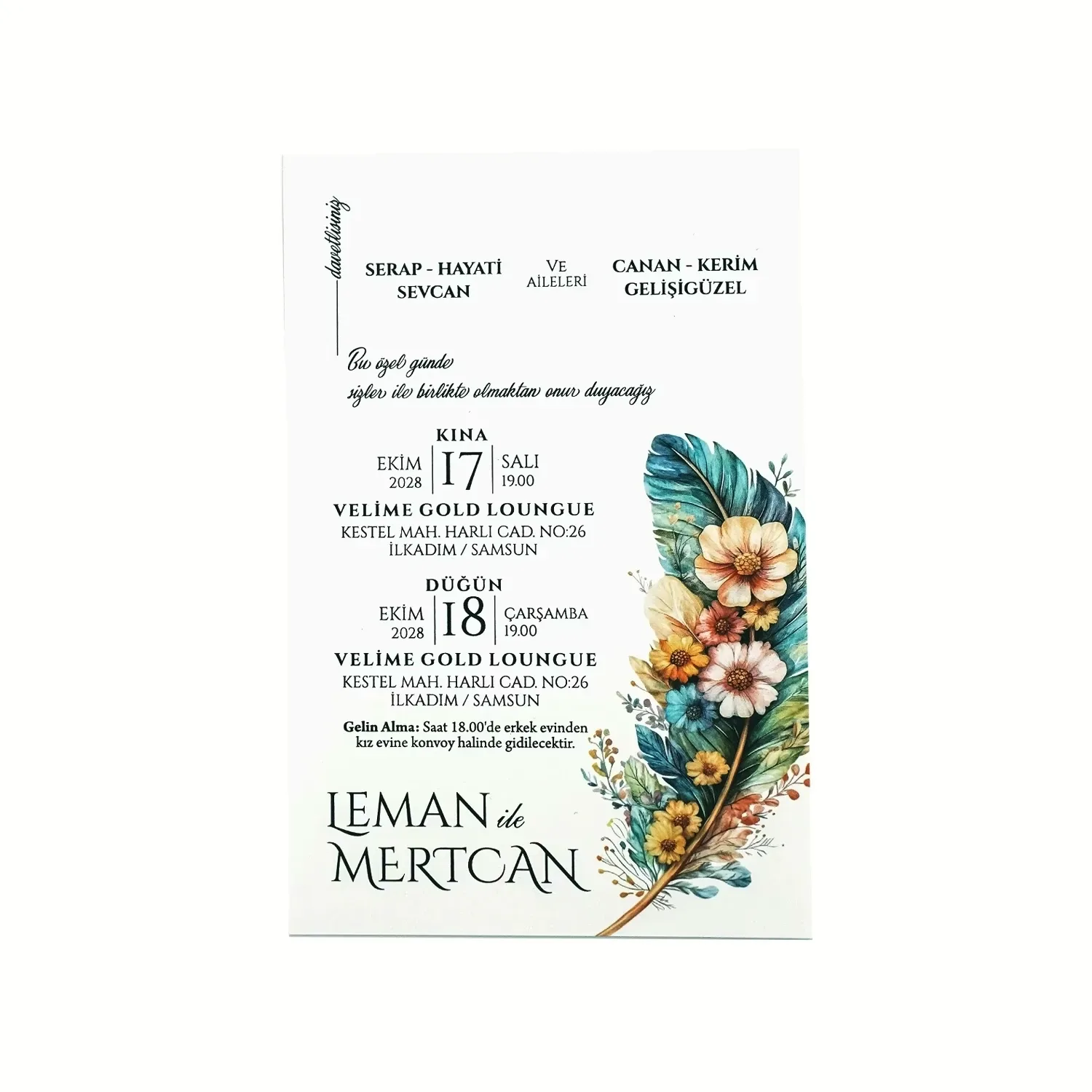 Tropikal Çiçek Desenli Dik Davetiye