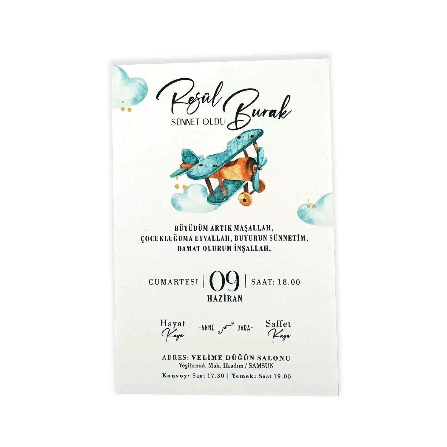 Uçak Desenli Sünnet Davetiyesi
