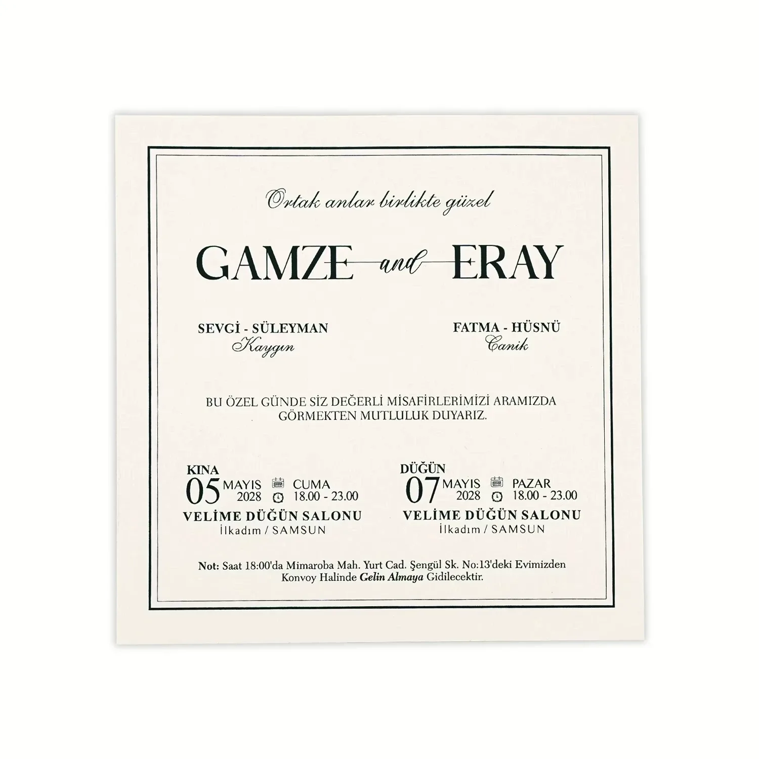 Yeşil Zeminli Altın Yaldızlı Kare Davetiye