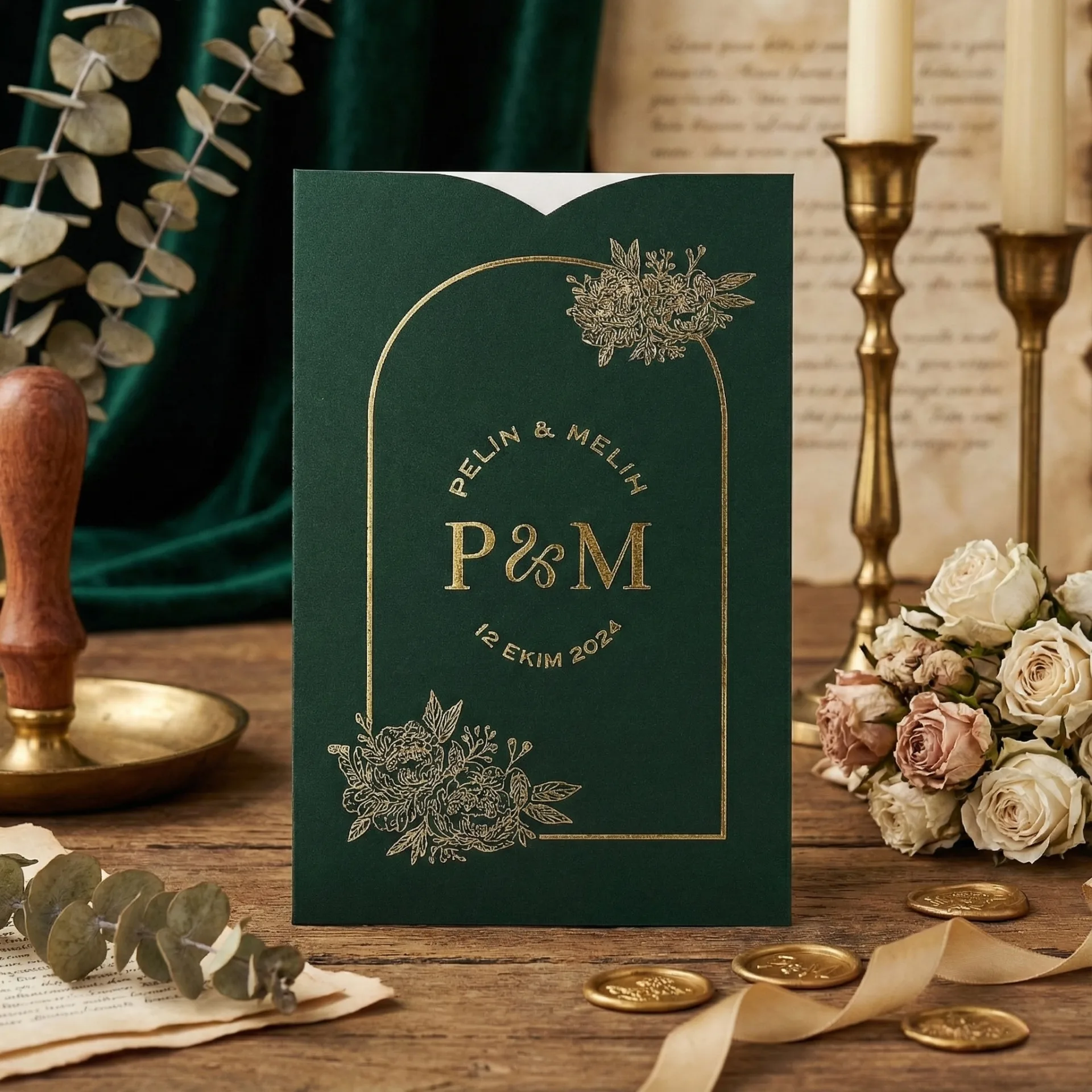 Yeşil Zeminli Altın Yaldızlı Dik Davetiye